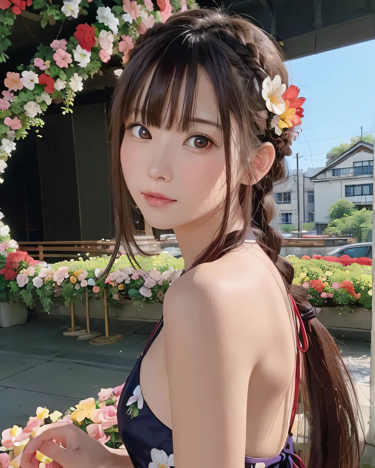 ((8k、masterpiece、Highest quality、Portrait))、(female、solo、Close-up、Baby Face、slim、thin、Flat Body、Detailed face）、((look back))、Soft Light、(Crazy Long Hair:1.4)、((long braided hair))、((Put flowers in your hair))、(Lots of floral hair ornaments:1.3)、Purple Hair、From behind、View your viewers、dress、bangs、Side Lock、Red eyes、Flower Garden、(Background with a lot of flowers)