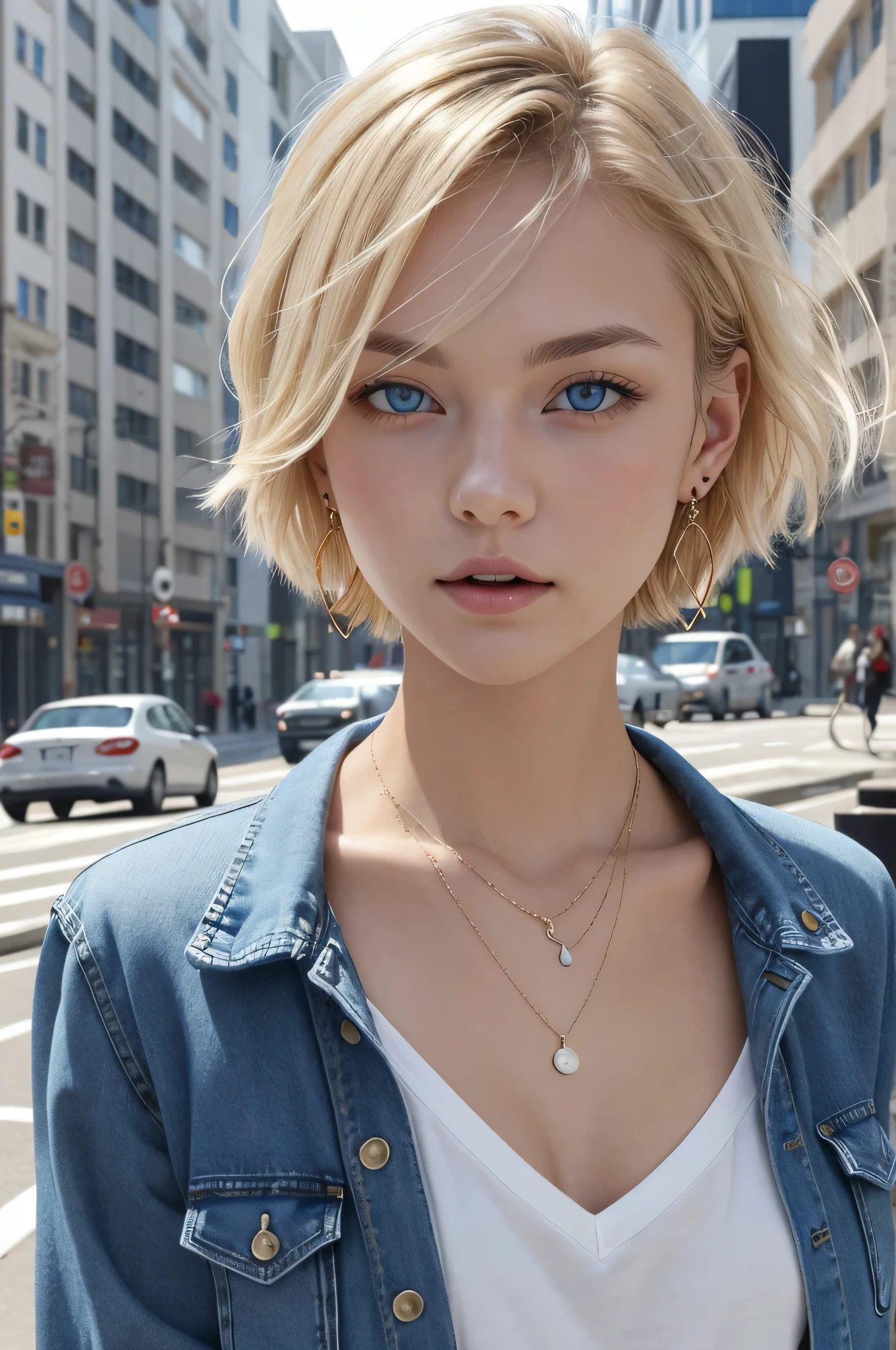 Pure white beauty、Neat and clean Caucasian woman、Blonde Hair、blue eyes、Short Haircut、ウェーブのかかった髪、Denim jacket、shirt、Open your mouth a little、View your audience, Earrings, necklace, _background,City Streets Task in progress
