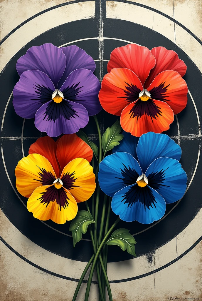 Create an aggressive military badge featuring four wild pansies at the center, each with a different color. The design should include a target in the background, making the pansies look fierce and intimidating.