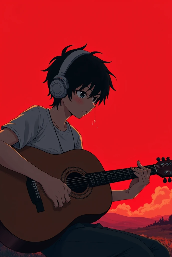 1 anime boy with headphones and a little tears and a gruitarra with a red background All good with a landscape background Similar but serious look Yes a similar one