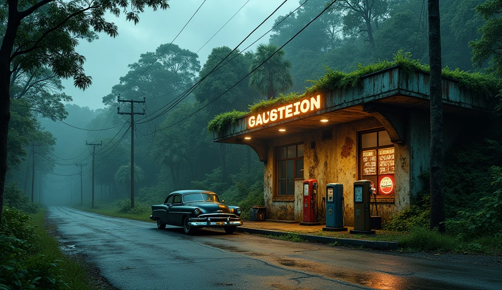 Old Gas station in jungle, on Road park side car dark image 