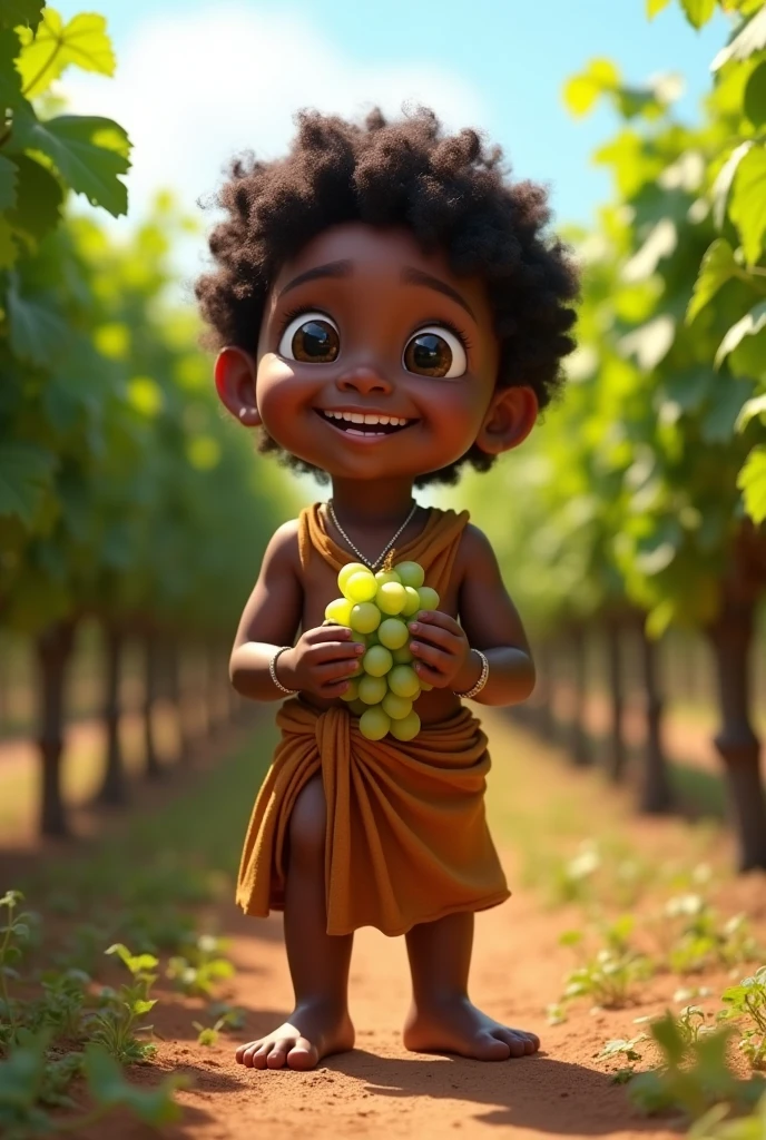 pixar character, , in biblical times, black, smooth calf split in the middle, smiling holding grapes in vineyard, without accessories