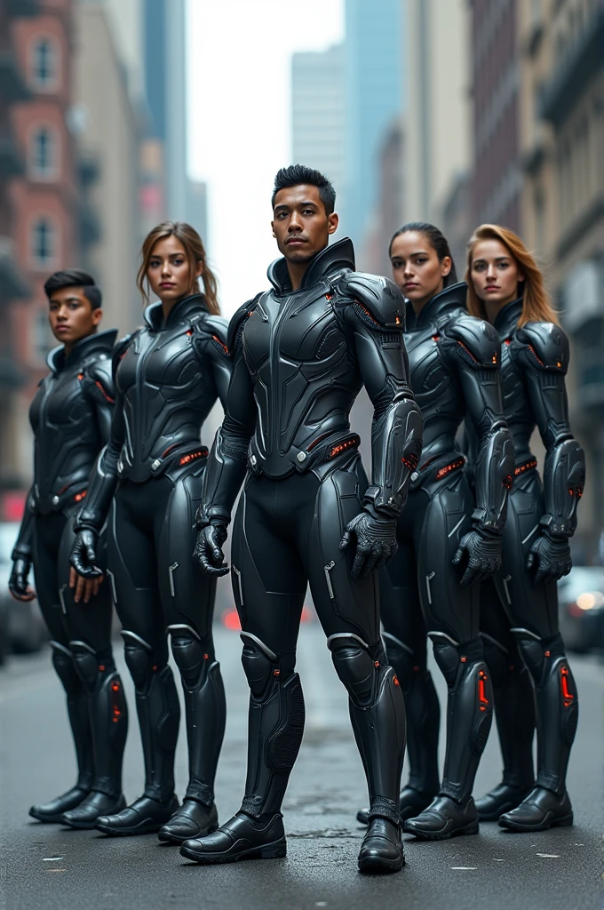 Six people receiving futuristic suits to fight evil