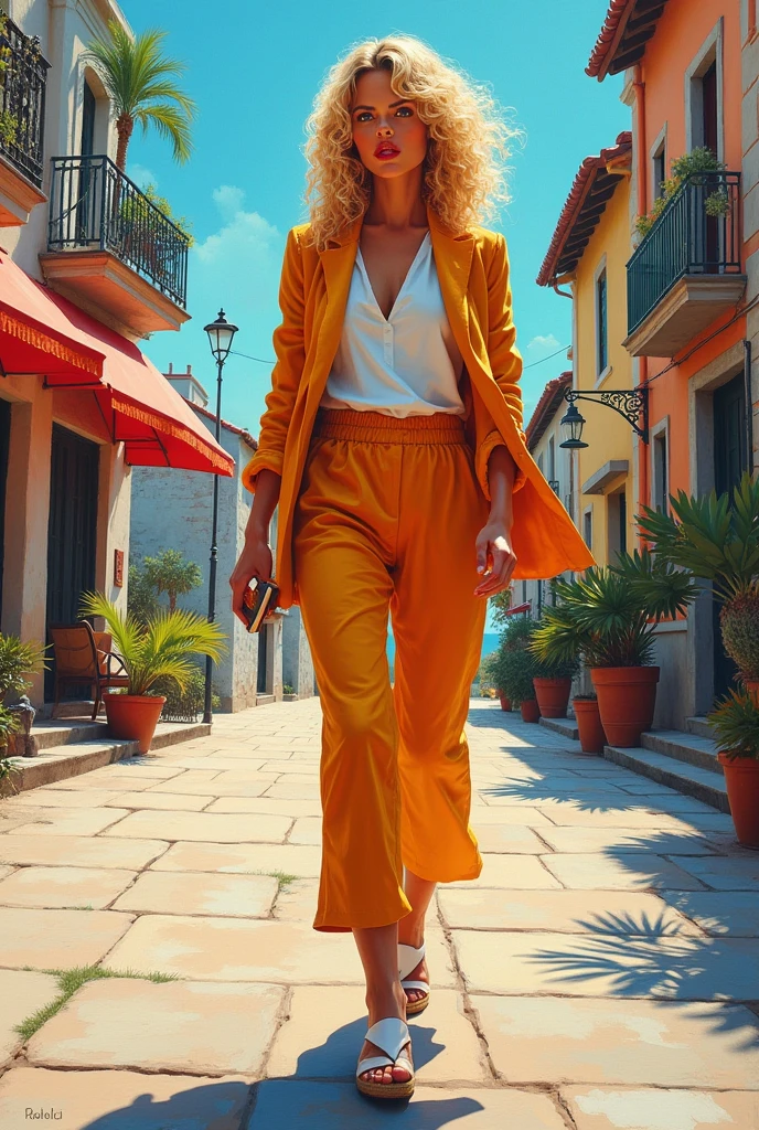 High-quality realistic acrylic art, vivid colors, lateral point of view, a beautiful european woman with blonde curly hair, walking, looking at the viewer with suspicious face and a shy smile, red lips, holding a cell phone, wear summer suit and wedges shoes