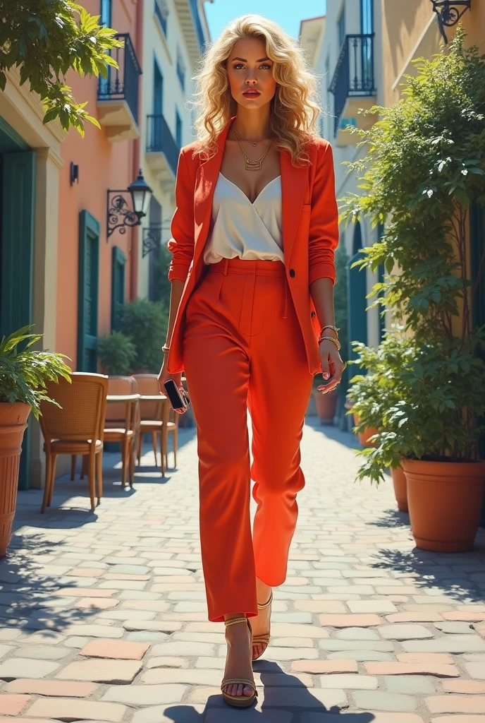 High-quality realistic acrylic art, vivid colors, lateral point of view, a beautiful european woman with blonde curly hair, walking, looking at the viewer with suspicious face and a shy smile, red lips, holding a cell phone, wear summer suit and wedges shoes