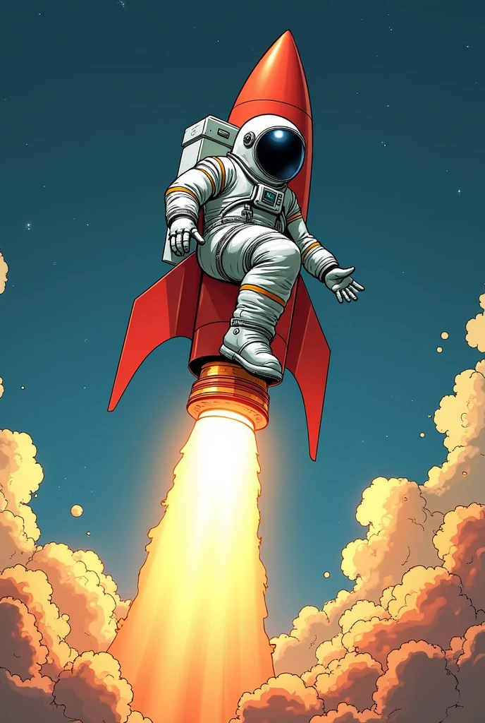 an astronaut taking off on top of a rocket. The astronaut's position should be sideways. The image must be in comic book style.