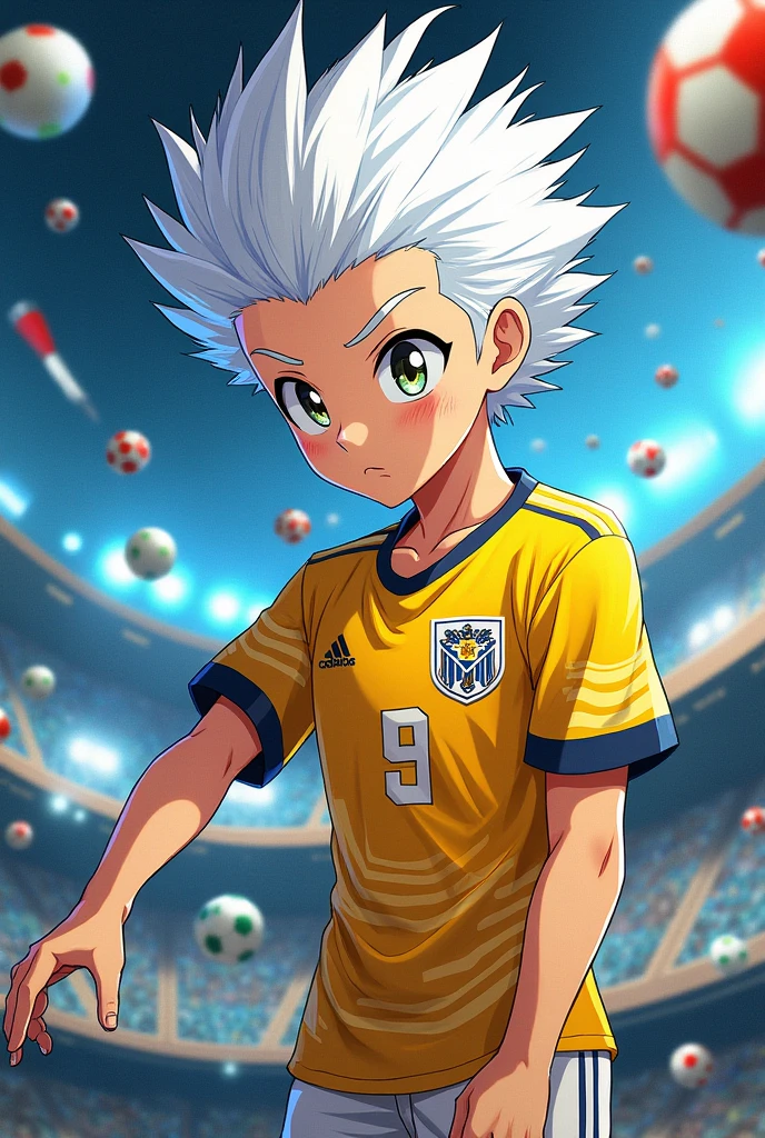 art in drawing creates a character like Shuya Goenji from inazuma eleven anime with white spiky hair he has , playing video games winning at soccer favorite color yellow