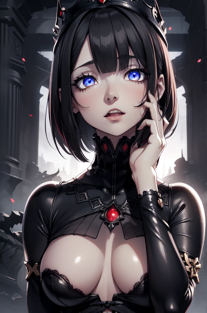 (digital painting),(best quality), masterpiece, 8k resolution, (dark mood background:1.4), dark fantasy,  anime girl, one girl, solo, beautiful girl, sexy, goth girl, pale skin, big breast, beautiful breasts, seducing, (yandere: 1.2), detailed lips, beautiful lips, sharp teeth, vampire teeth, open mouth, red lips, big eyes, (red eyes:1.2), glowing eyes, (very detailed eyes:1.4), cute girl, short hair, black hair, crown, dramatic lighting, deep shadows, (wide angle lens distortion:1.2)