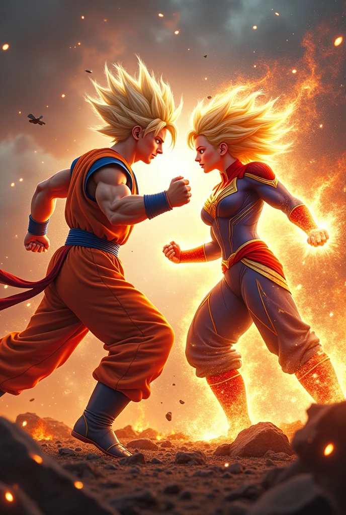 Goku Ultra Instinct đấu với Captain Marvel, both are angry on the battlefield with fire all around.