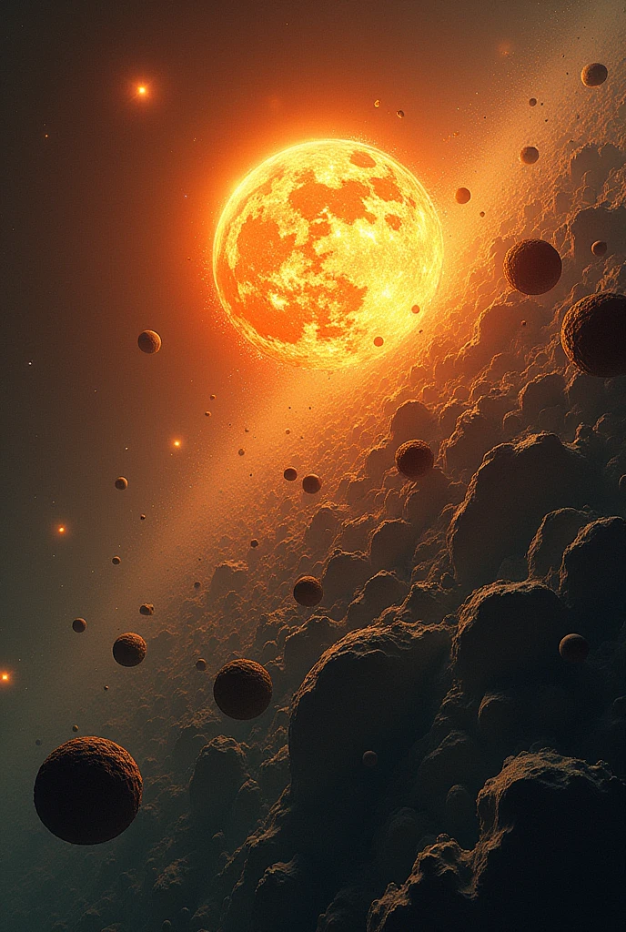 An artwork of the solar system affected by Earth’s breakup, with Earth’s debris creating a hazard field around the sun and other planets.