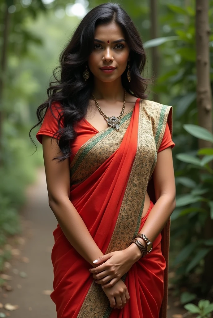 A Bangladeshi milf woman with hot curvy figure and big breasts stand with her legs stretched out, in saree taking a realistic photo