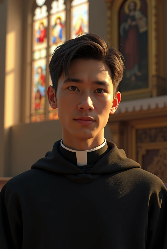 Young priest close up in a church