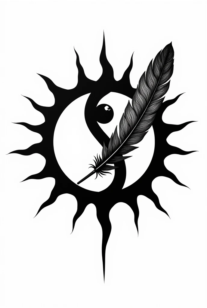Dessine moi sur un fond blanc un dessin noir et blanc d'un soleil avec vingt-deux rayons rectilignes. Une belle plume de rapace traverse le soleil de part et d'autre pour former un Yin et un Yang au centre du soleil