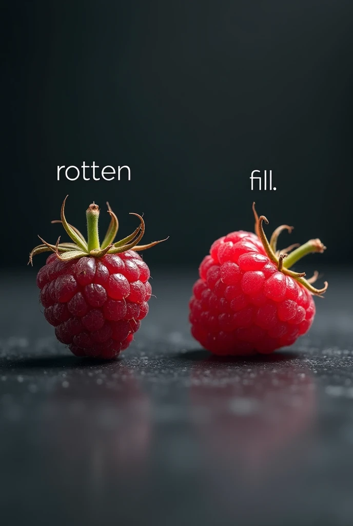 A wilted raspberry, rotten. On the left side, written above and on the right side a bright raspberry , looking good. And the two raspberries are well separated in the scene..