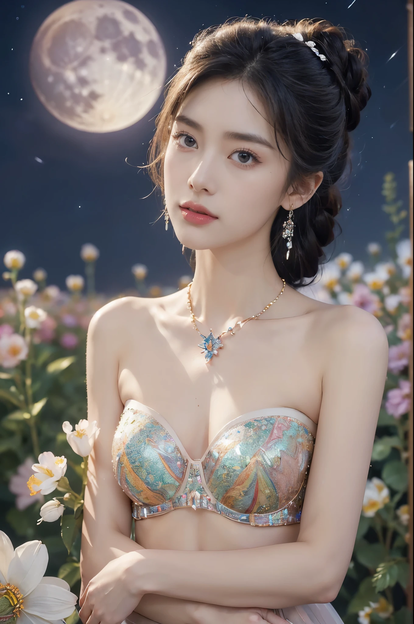 (((best quality))),(((ultra detailed))),(((masterpiece))),illustration,((1 beautiful girl,solo)),(neat chignon:1.2),((earrings,crystal necklace)),((slim,thin)),((small breasts,flat chest)),(a moon in the clear night sky as the background:1.3), gentle glow,(Standing in the world full of vibrant flowers:1.3),(strapless gorgeous sheer bra:1.3),sparkling eyes,graceful,(surrounded by crowded colorful flowers:1.5), kaleidoscope, shimmer,bright moonlight, delicate petals, fragrance, otherworldly, magical realm, enchantment, tranquility, essence of beauty, peace,(outdoor:1.2),(night scene:1.3),((from front,close-up of face))
