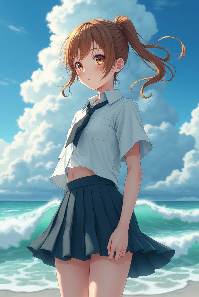 brownhead ponytail, 1girl, cute face, Amazing face and eyes, (highly detailed eyes, highly detailed face), (hyper-realistic, hight resolution), (best Quality:1.4), Raw photo, (Realistic, Photorealsitic:1.37), Professional Photography, (nsfw:1.0)、Best quality, masterpiece, ultra high res, (photorealistic:1.4), raw photo, (pleated mini skirt:1.3), dark blue skirt, Japanese face,
a girl, 13 yo, sea side, school uniform, beautiful, ((white shirt)), short sleeve, cute, smile, flying necktie, gigantic columns of clouds, strong wind from below, soaring skirt, visible white panty, jumping down , standing, panty shot, (nsfw)、 (see-through panty cameltoe)、A strong wind blowing up from below blows up the skirt、(((Cute Panties、Panties strongly digging into the crack of the pussy)))