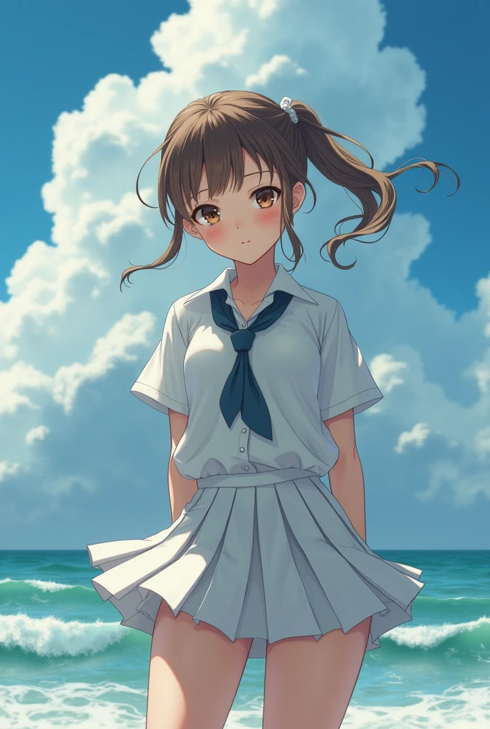 brownhead ponytail, 1girl, cute face, Amazing face and eyes, (highly detailed eyes, highly detailed face), (hyper-realistic, hight resolution), (best Quality:1.4), Raw photo, (Realistic, Photorealsitic:1.37), Professional Photography, (nsfw:1.0)、Best quality, masterpiece, ultra high res, (photorealistic:1.4), raw photo, (pleated mini skirt:1.3), dark blue skirt, Japanese face,
a girl, 13 yo, sea side, school uniform, beautiful, ((white shirt)), short sleeve, cute, smile, flying necktie, gigantic columns of clouds, strong wind from below, soaring skirt, visible white panty, jumping down , standing, panty shot, (nsfw)、 (see-through panty cameltoe)、A strong wind blowing up from below blows up the skirt、(((Cute Panties、Panties strongly digging into the crack of the pussy)))