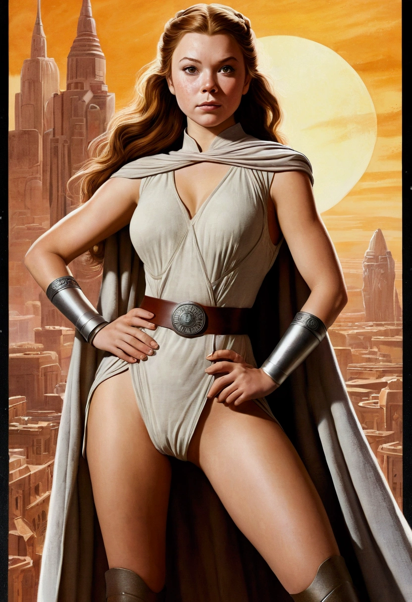 An illustrated movie poster, hand-drawn, full color, a teenage Jedi, 18-years-old, female, wearing a Sleeveless tunic, athletic hourglass figure, busty bosoms, full wide hips, massive round butt, long shapely legs, ridiculously thick powerful thighs, vibrant eyes, mousy brown hair, thick shaggy bangs, rosy sun-kissed complexion, freckles, resembles Margaery Tyrell, standing above Coruscant, graphite shading, stencil marks, airbrushed acrylic paint, masterpiece