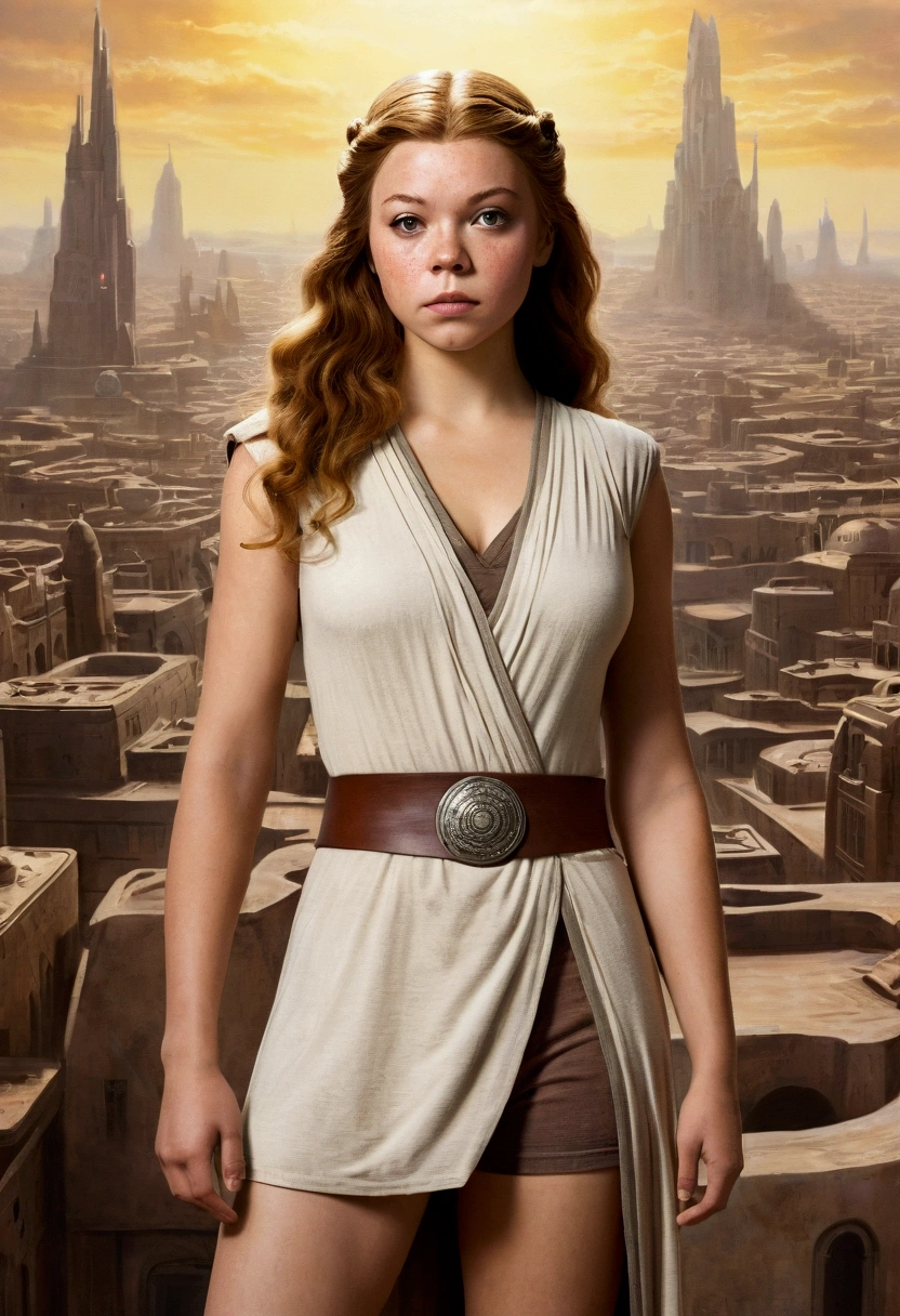 An illustrated movie poster, hand-drawn, full color, a age Jedi, 18-years-old, female, wearing a Sleeveless tunic, athletic hourglass figure, bustoms, fide hips, massive round butt, long sha legs, ridiculously thick powerful thighs, vibrant eyes, mousy brown hair, thick shaggy bangs, rosy sun-kissed complexion, freckles, resembles Margaery Tyrell, standing above Coruscant, graphite shading, stencil marks, airbrushed acrylic paint, masterpiece