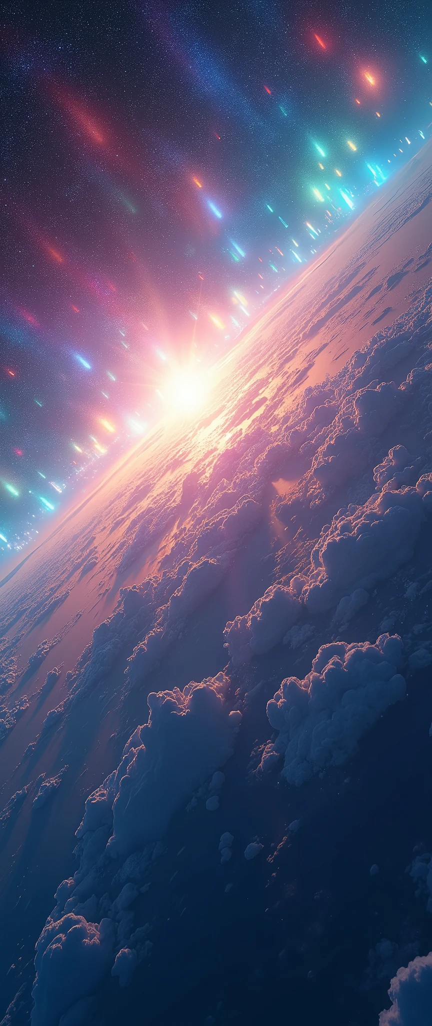 (masterpiece:1.2,Exceptional Quality,mirror-like,Cinematic Experience),8k,wallpaper,(Photographed from space:2.0),stratosphere,(rainbow:2.0),beautiful photo,(dynamic:2.0)