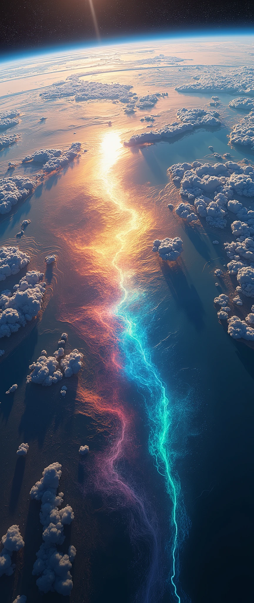 (masterpiece:1.2,Exceptional Quality,mirror-like,Cinematic Experience),8k,wallpaper,(Photographed from space:2.0),stratosphere,(rainbow:2.0),beautiful photo,(dynamic:2.0)