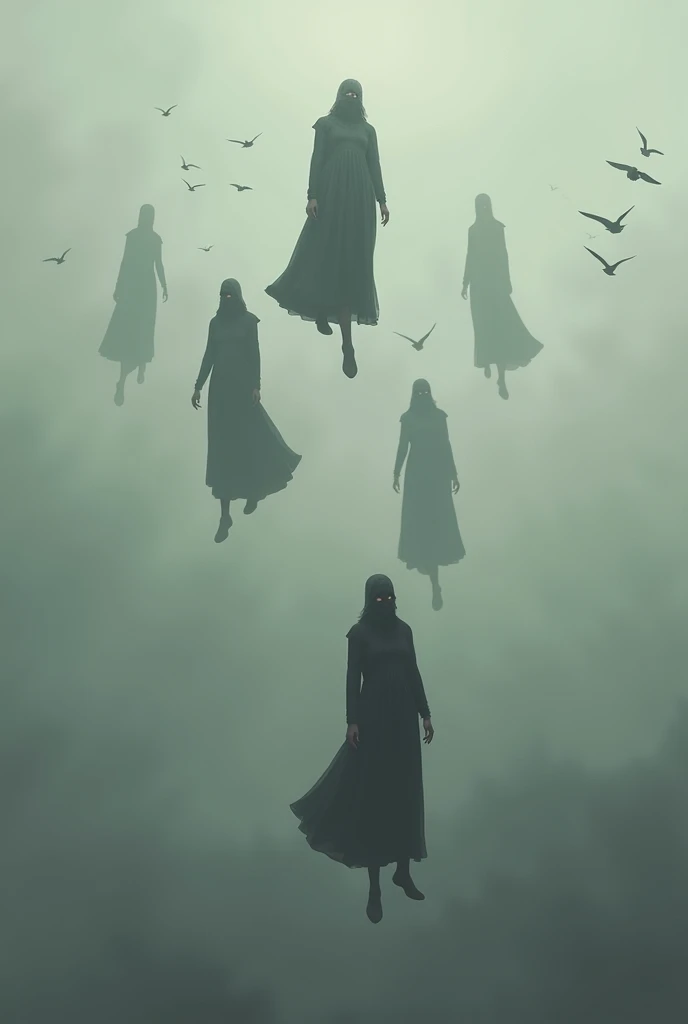unknown masked people falling with birds gray background aesthetic
