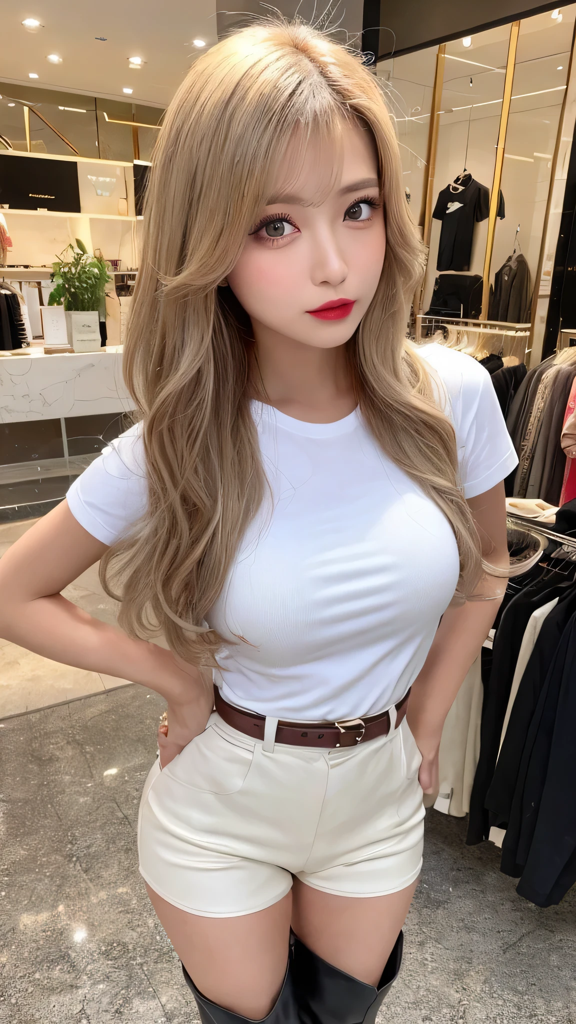 Blonde Hair、Light Hair Color、Tanned hair、sexy、Beautiful eyelashes、20-year-old、 Beautiful eyes in every detail、Natural lip color、long hair、Cute face、Accentuate your breasts,Large Breasts,looking at viewer、Plain white T-shirt、Pichi Pichi costume、leather hot pants、leather thigh boots、Shopping Centre、Apparel Shop、Open your mouth a little、model、