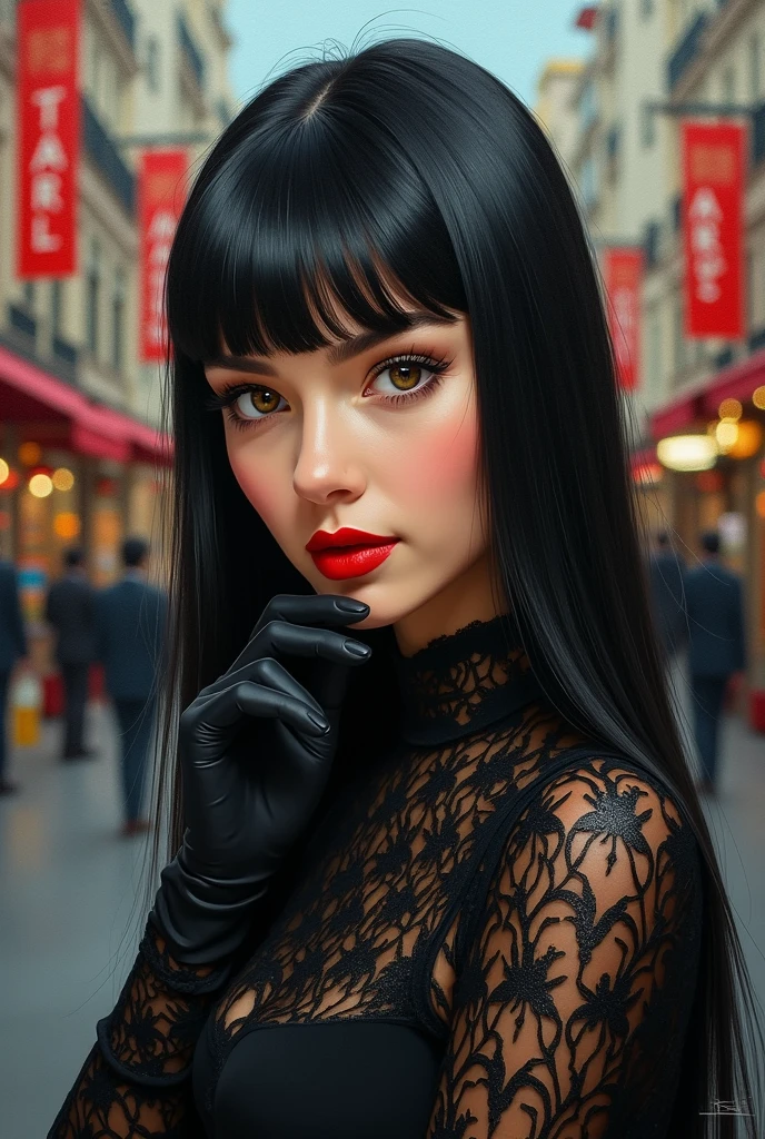 High-quality realistic acrylic art, vivid colors, lateral point of view, a beautiful vintage european woman with long black straight hair, bangs, looking at the viewer with suspicious face and a shy smile, red lips, she wears vintage black lace suit, lace gloves, big city background