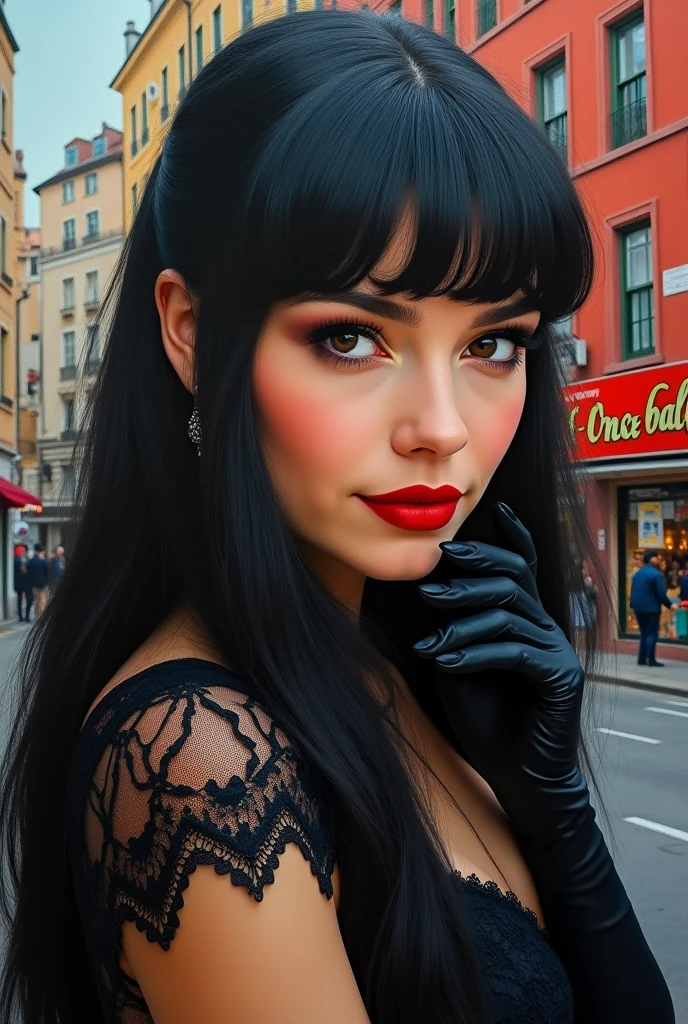 High-quality realistic acrylic art, vivid colors, lateral point of view, a beautiful vintage european woman with long black straight hair, bangs, looking at the viewer with suspicious face and a shy smile, red lips, she wears vintage black lace suit, lace gloves, big city background