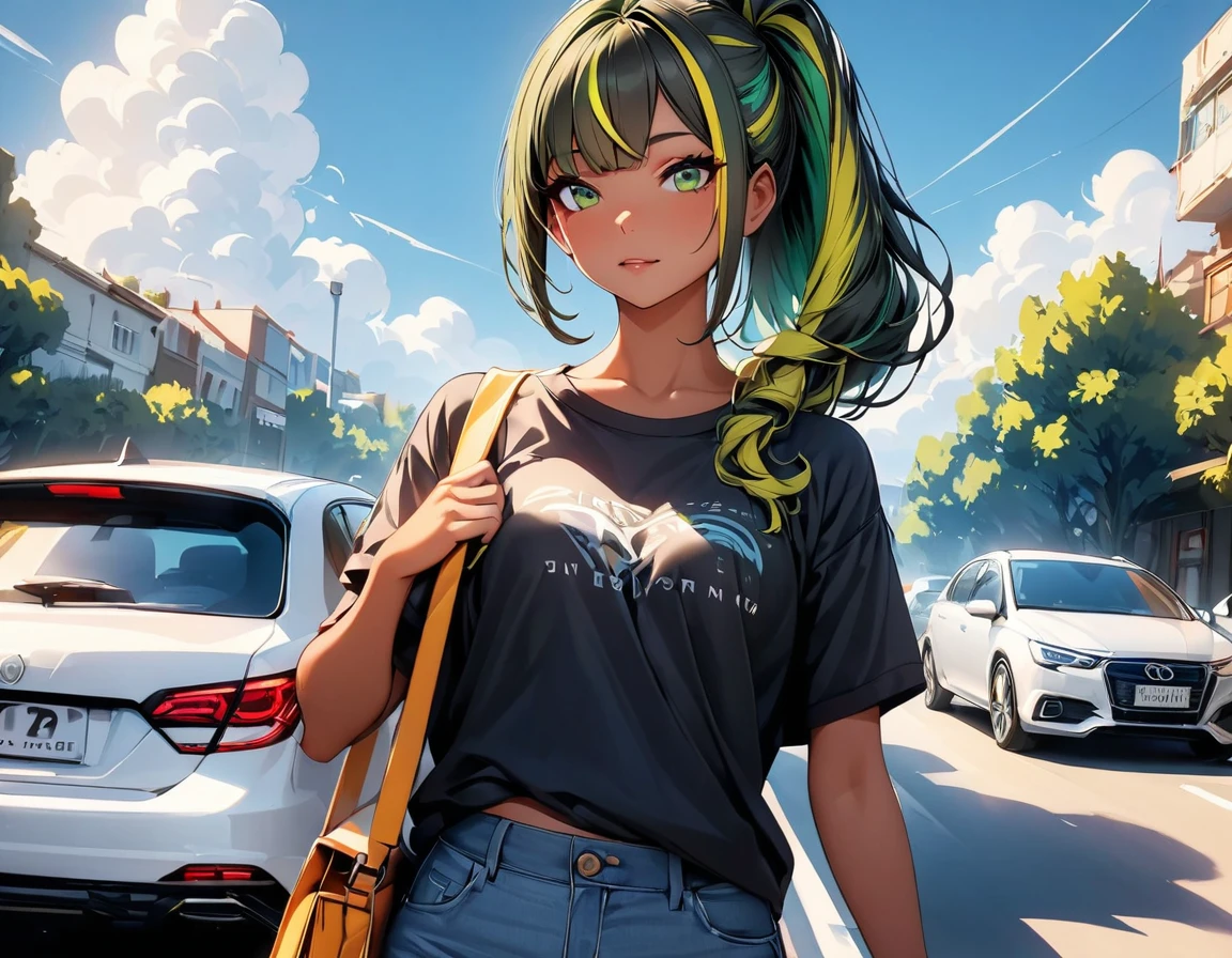 (highest quality:1.2, Very detailed, up to date, Vibrant, Ultra-high resolution, High Contrast, masterpiece:1.2, highest quality, Best aesthetics), Portraiture、girl、((2:1.8)), (slim:1.2), Bright colors、Beautiful fine details、Beautiful lip detail、long hair, (ponytail:1.3), white and yellow green ((streaked hair:1.6)), highlights hair: 1.5, (small breast,:1) (tan skin:1.2), black t-shirt, jeans shorts, on travel, shoulder bag, standing in front of the car, blue sky and white cloud,