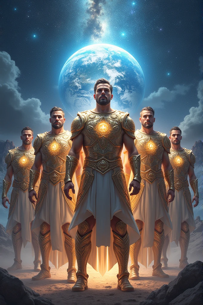 Six men receiving celestial armor to defend planet earth