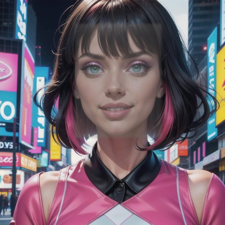 Generate a dynamic, high quality AI image of a young woman with short black hair and bangs. She wears a Vibrant blouse in shades of pink, rot, and blue, incorporating the fashion of the 2020s. Her green eyes sparkle with joy as she smiles, your makeup is vivid and colorful. Placed on the busy streets of New York, This scene is rich in references to the 2020s. The image is professional, photographic quality, and enriched with details, offering HD resolution and Canon quality. The woman&#39;s natural eyes highlighted by the light are detailed, with captivating eyelashes. The overall appearance is smooth, Vibrant, e feliz, capturing the essence of modern fashion and urban life."