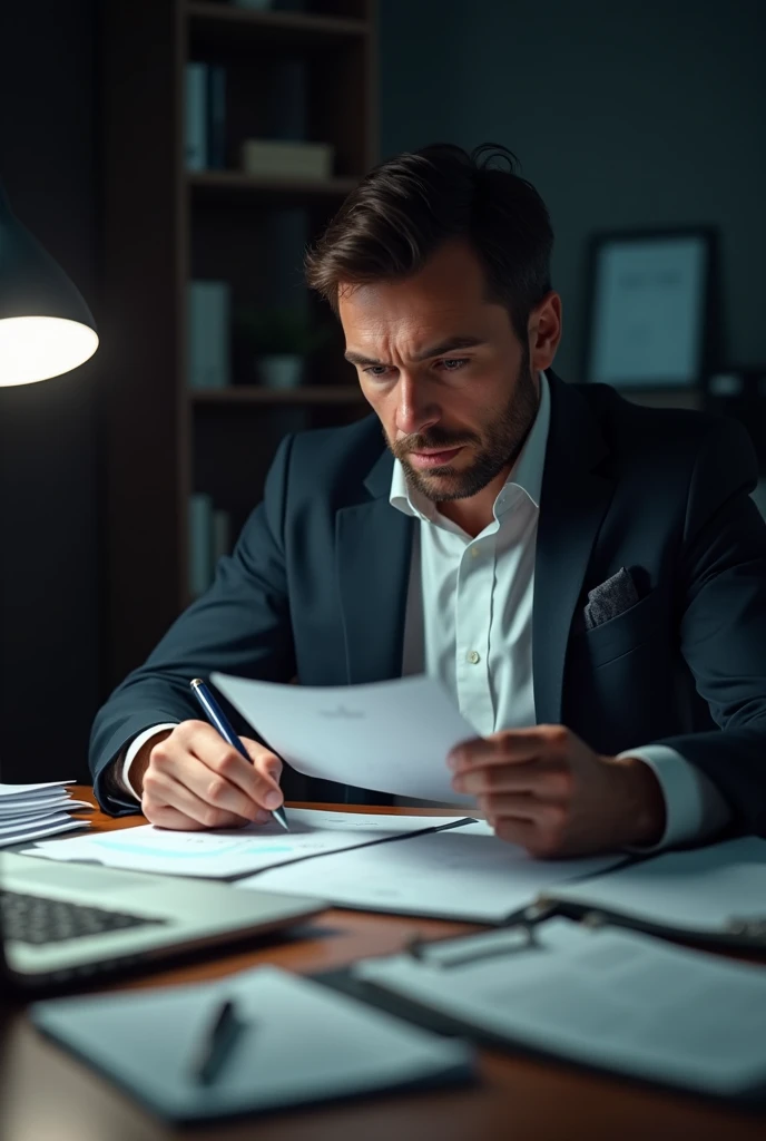 make a man managing finances showing papers and holding a pen looking down
