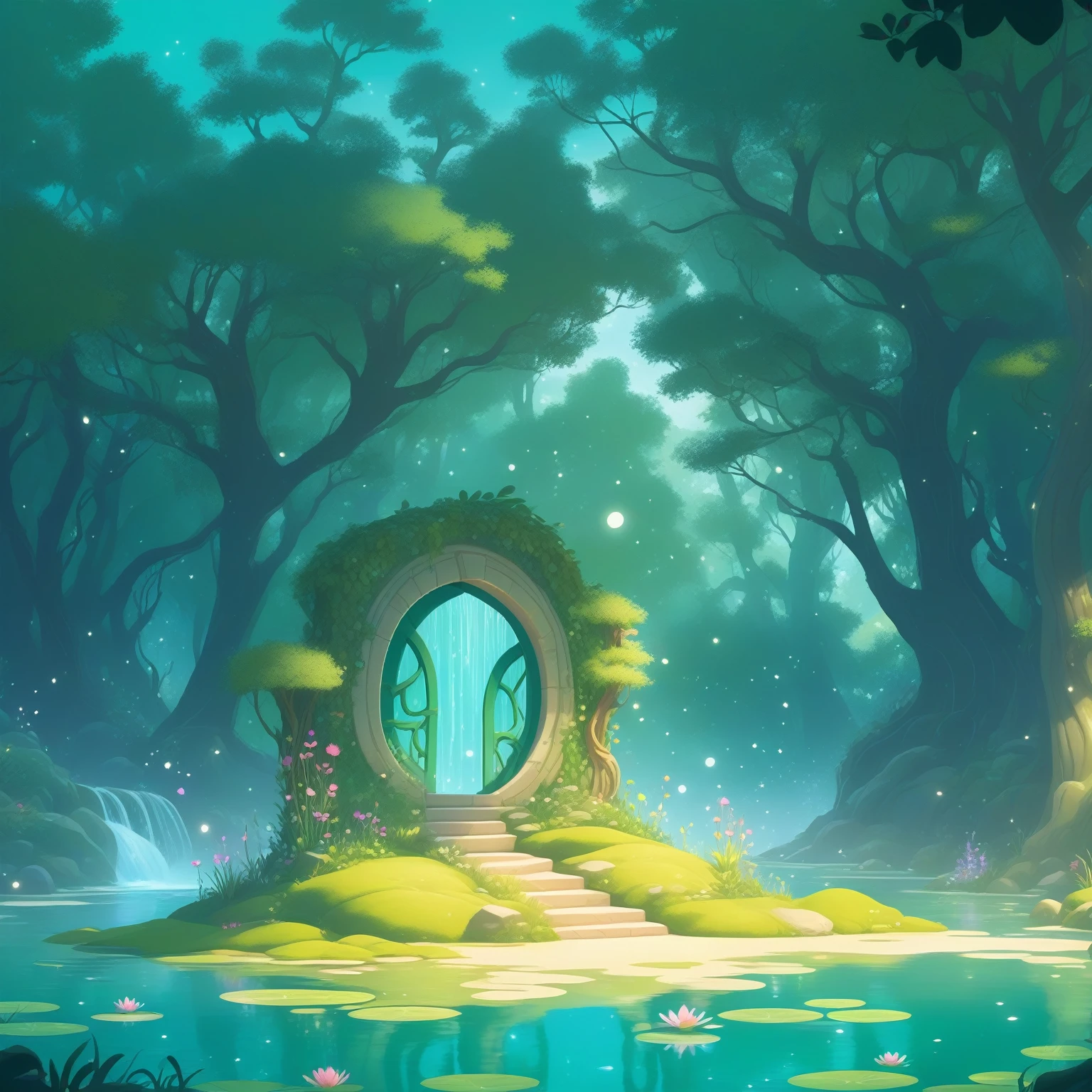 An enchanting cartoon-style illustration of an enchanted forest lake with magical elements, featuring vibrant green water and a circular archway leading to the center. The scene is bathed in soft lighting, creating a dreamy atmosphere. This design could be used for casual game art, as it captures the whimsical essence of fantasy landscapes