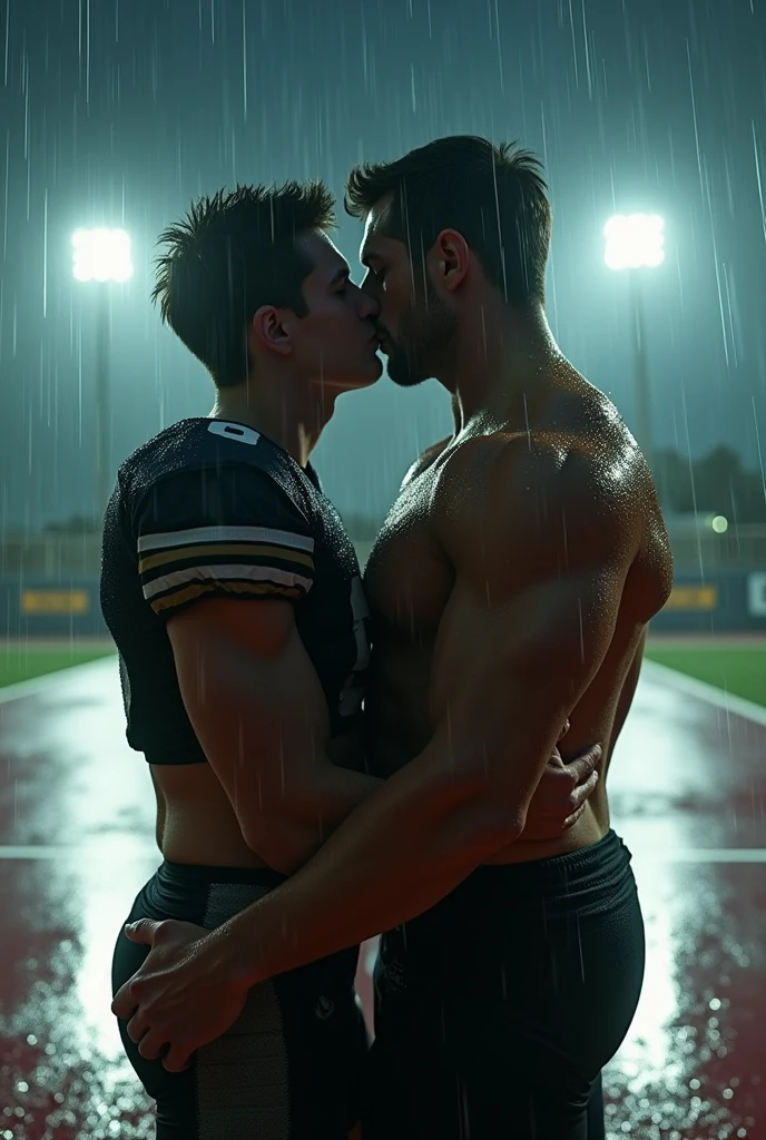 (photorealism:1.2), handsome muscular footbalist dad kiss his age son horny in football court,under rain
