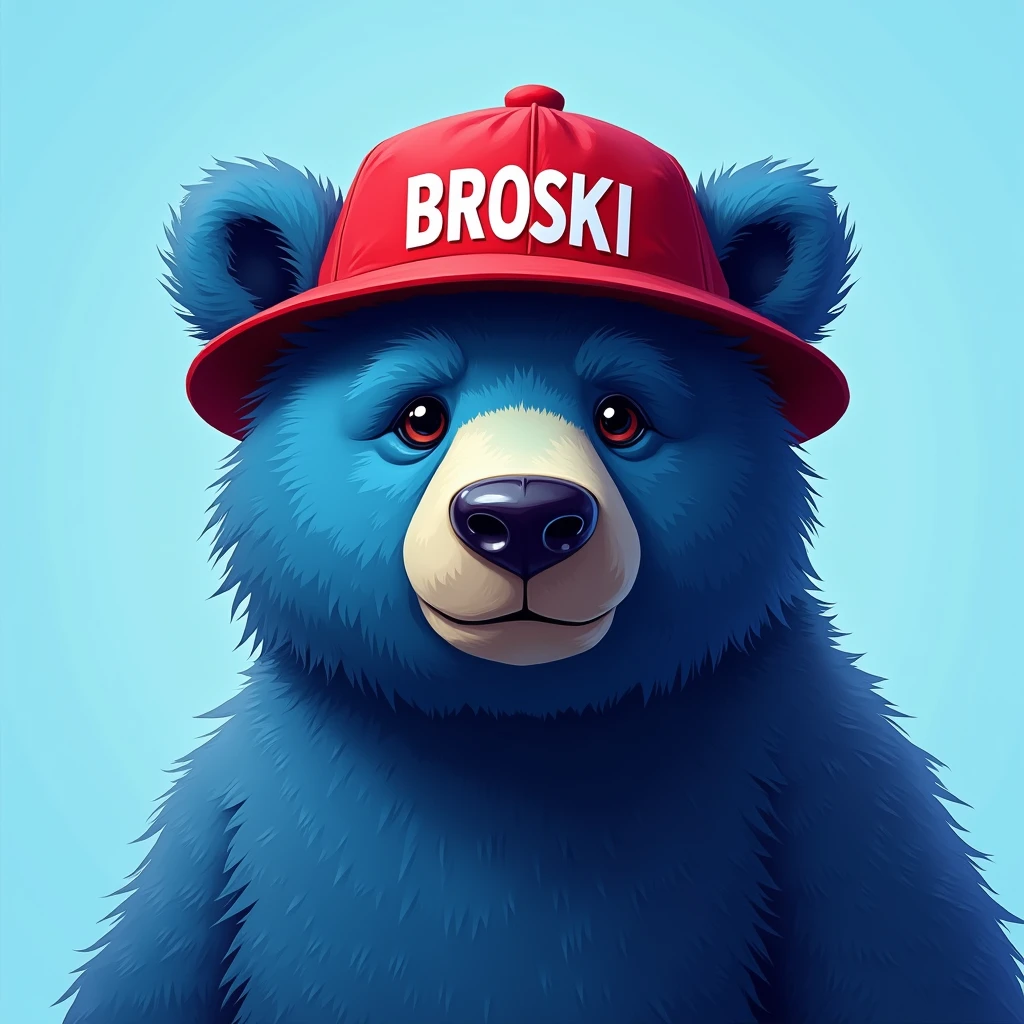 blue bear , light blue background , edgy , portrait , noble , red hat broski summer , write broski on your hat in capital letters