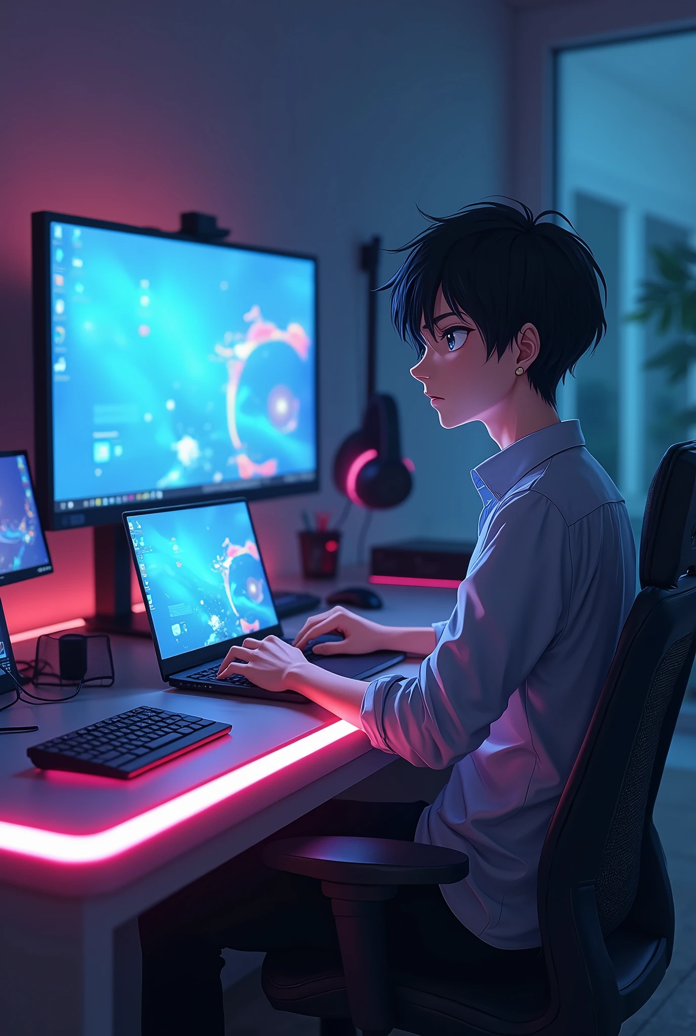 anime guy sitting at a desk with a laptop and a monitor, anime style 4 k, 4k anime wallpaper, badass anime 8 k, 4 k manga wallpaper, young anime man, anime boy, anime wallpaper 4 k, anime wallpaper 4k, high quality anime artstyle, anime moe artstyle, anime art wallpaper 8 k, anime art wallpaper 4 k, RGB lighting,