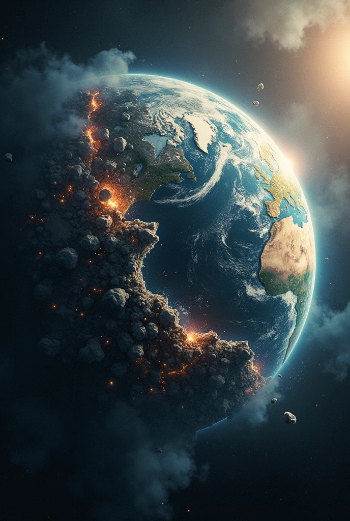 A striking depiction of the end of Earth, illustrating the final moments as the planet breaks apart and its remnants scatter into the cosmos.