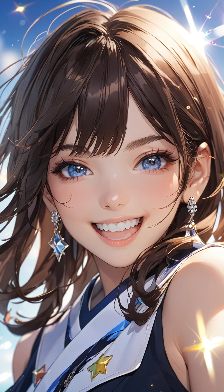 High resolution, masterpiece, accurate, Winner of numerous awards, One person, smile, Shortcuts, Brown Hair, bangs, Earrings, Open your mouth, smile, blue eyes, Cowboy Shot, Sparkle Effect, Lens flare, Background blur, anime, I&#39;m happy to have won the lottery
