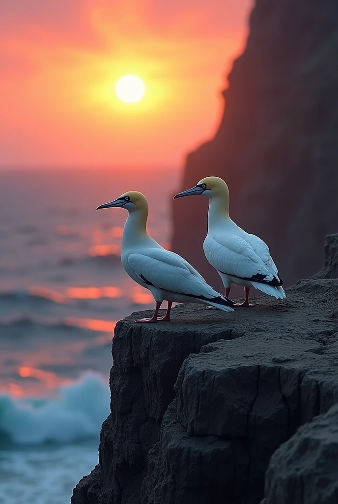 2 gannets standing on a cliff watching the sunset