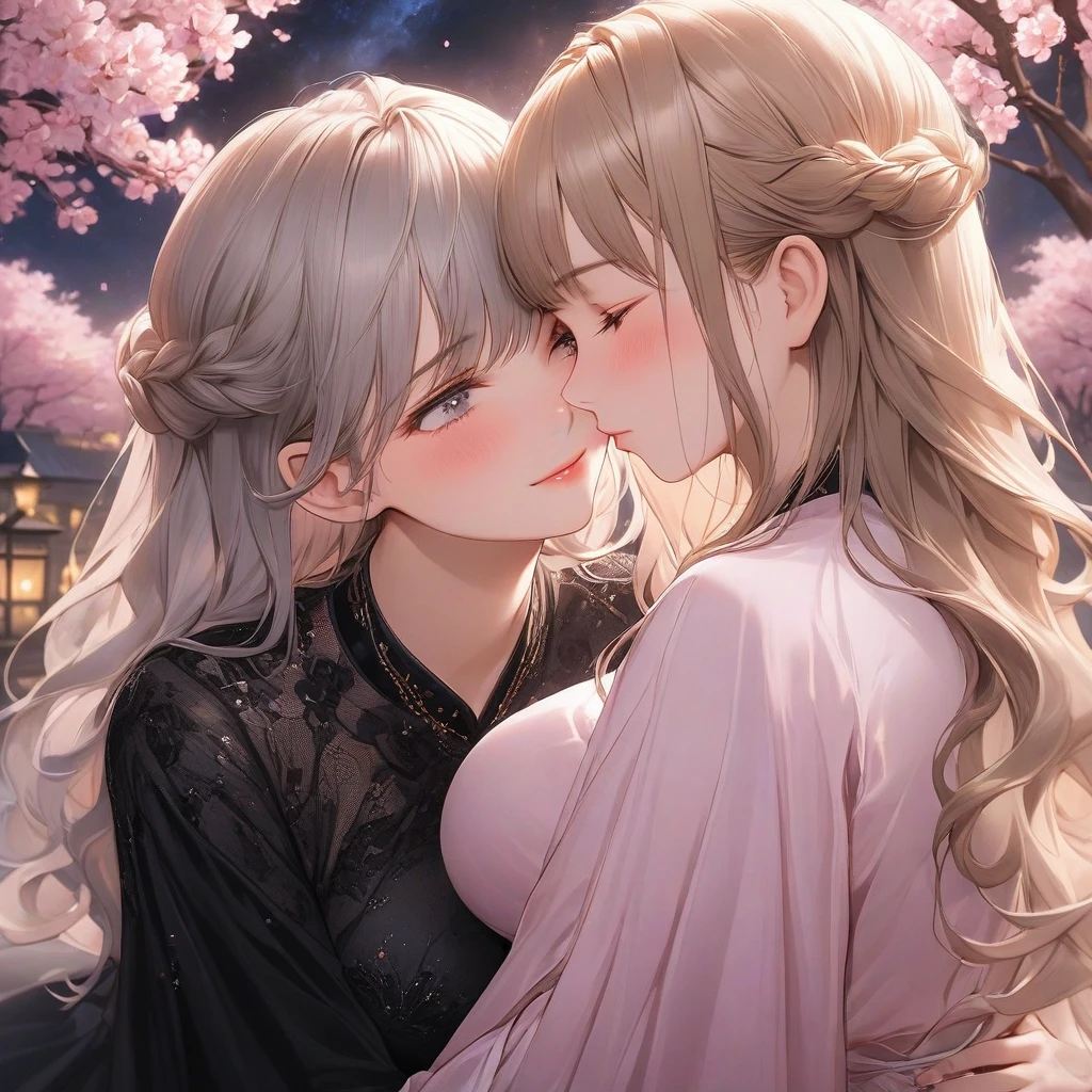 high resolution, details, Masterpiece, Anatomically correct, best quality, 2 Kissed wman , One has long Grey hair with grey eyes, The other has long light brown hair with purple eyes.., High Quality, couple , Girls love girls...................., Yuri,,A Beautiful Girl, lesbian, lover, luxury, dynasty ,castles.night light. dim lighting. romantic. kiss. Expressions of love . at night. Cherry trees,.large boobs. body plump, Look at each other..... . Embarrassed ,dimlight, one person close eyes, one person crying, sad expression, Tears in the eyes, goodbyes kiss, 