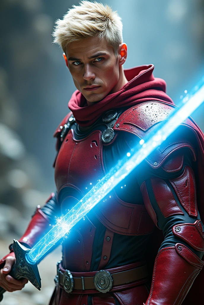 A blond, blue-eyed man wearing red leather armor holding a blue energy sword