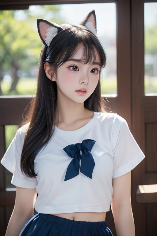 (Fox Easter Piece,Highest quality,High resolution,Very detailed, (Very detailedな目, Very detailedな顔)、Fox Ears、1 high school girl、((Short white T-shirt)), ((Wearing navy blue bloomers)),(Belly button)、、Beautiful anime school girl、Cute school girl、 8k CG、画像-perfectionな顔、perfection、clean、masterpiece、Professional artwork、Famous works of art、perfectionな顔、Beautiful Face、Beautiful Eyes、((perfectionな女性の体))、One person、(Immersive atmosphere、Chiaroscuro: 1.5、Bright light:1.2、Bright lighting)、、(blush:0.5)、attractive appearance、Very detailedな目、Beautifully detailed backgrounds、Write Boundary Depth、Genuine:1.3、Long Shot、One personの 、Sitting、whole body、(Zhou Haoguang:1.3)、(Movie Compositing:1.3)、(neon:0.1)、(High resolution:0.1)、Accent lighting、