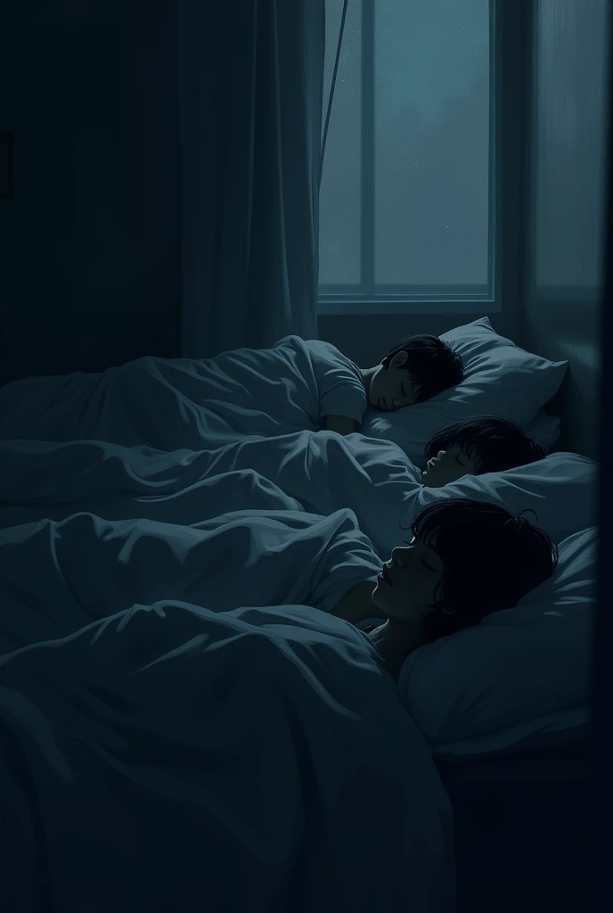In a dark image, Several children sleeping without their faces being seen and dreaming of becoming soccer players or doctors