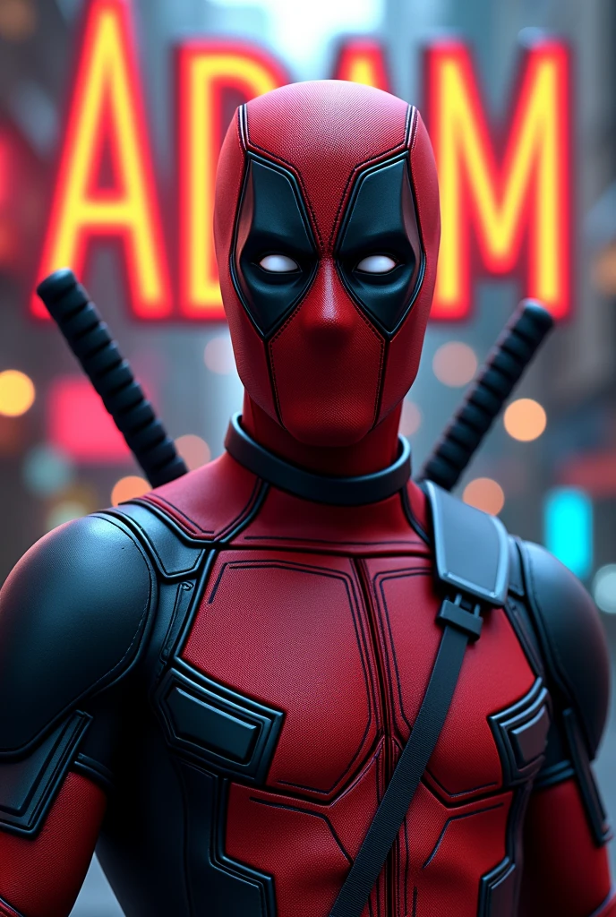 Adam  animated text in background  of Deadpool 
