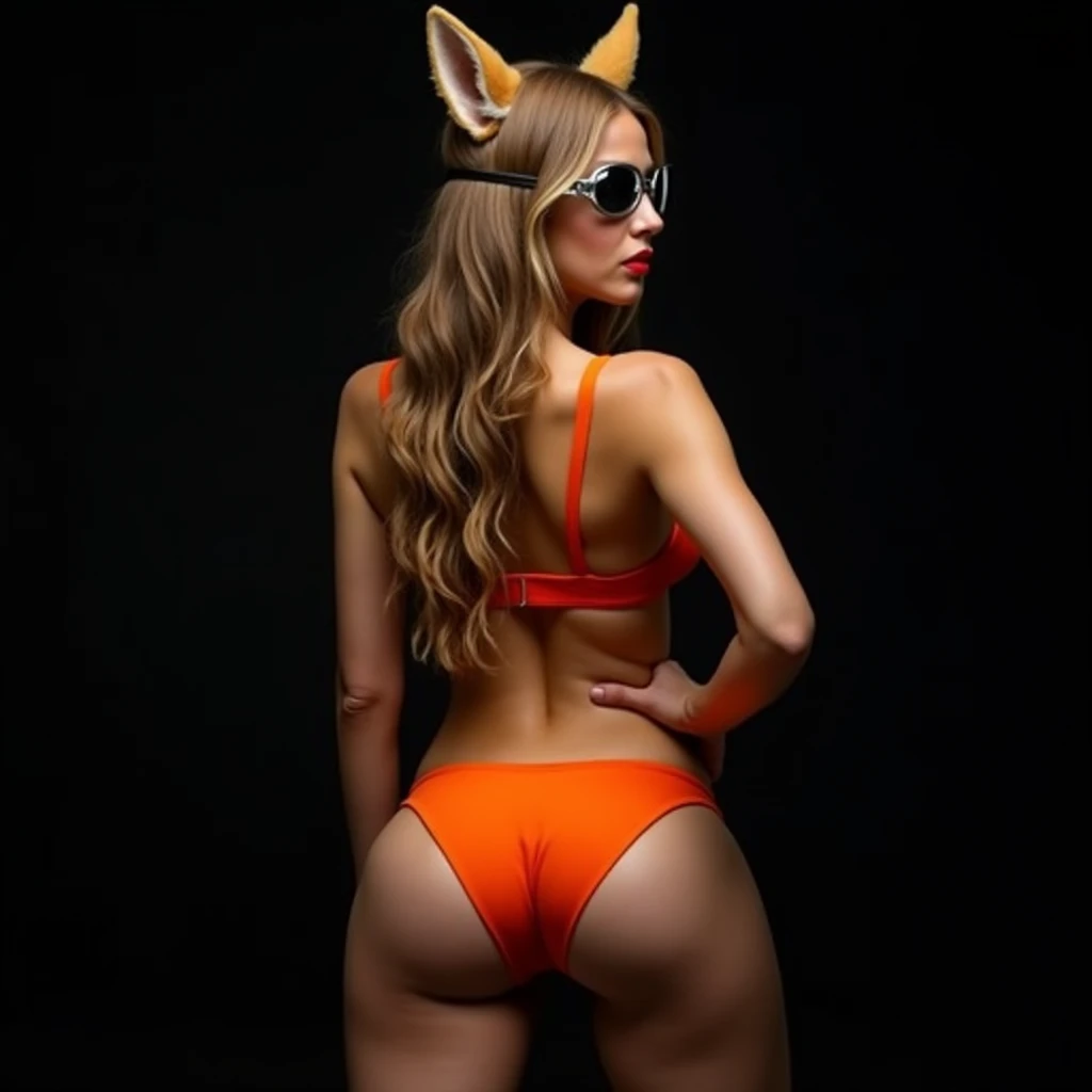 Busty woman 1, huge buttocks, orange one piece lingerie, fox ears, foxtail, Long hair, silver aviator glasses, Photo studio, Black background 