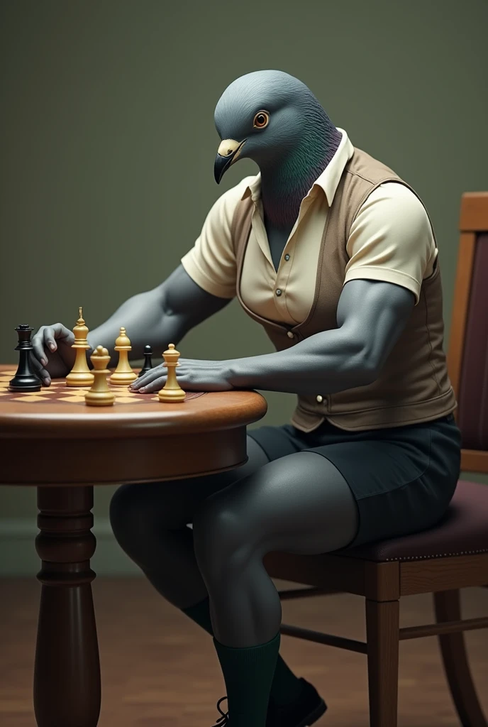((Highest quality)), ((masterpiece)), (detailed), A grey female pigeon wearing an off-white collared short-sleeved shirt, a light brown vest, a knee-length black skirt, dark green socks and black shoes,(incline one's head to the side:1.6),Playing chess at the table,Muscular grey female pigeon,Photorealistic images,The background is simple,