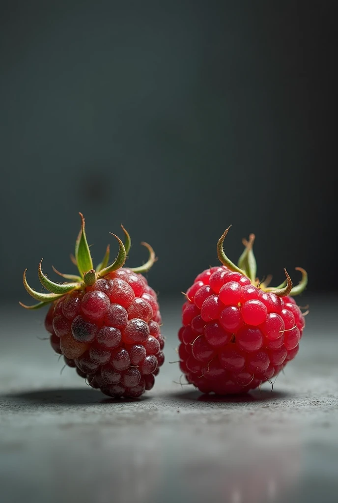 A wilted raspberry, rotten, on the left side and on the right side a bright raspberry , looking good. And the two raspberries are well separated in the scene..