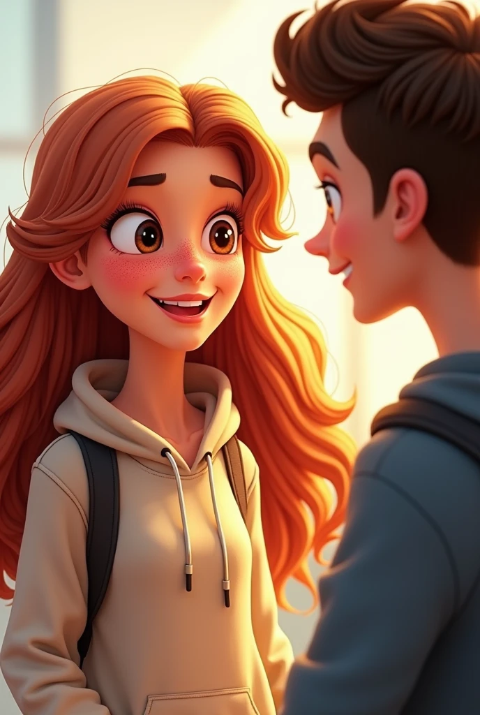The image depicts two animated characters with distinct features. The character on the left is a young woman with long, wavy, auburn hair that cascades over her shoulders. She has a warm, friendly smile, expressive brown eyes, and a few freckles scattered across her face. She appears to be wearing a casual outfit, including a hoodie, and exudes a sense of confidence and approachability.