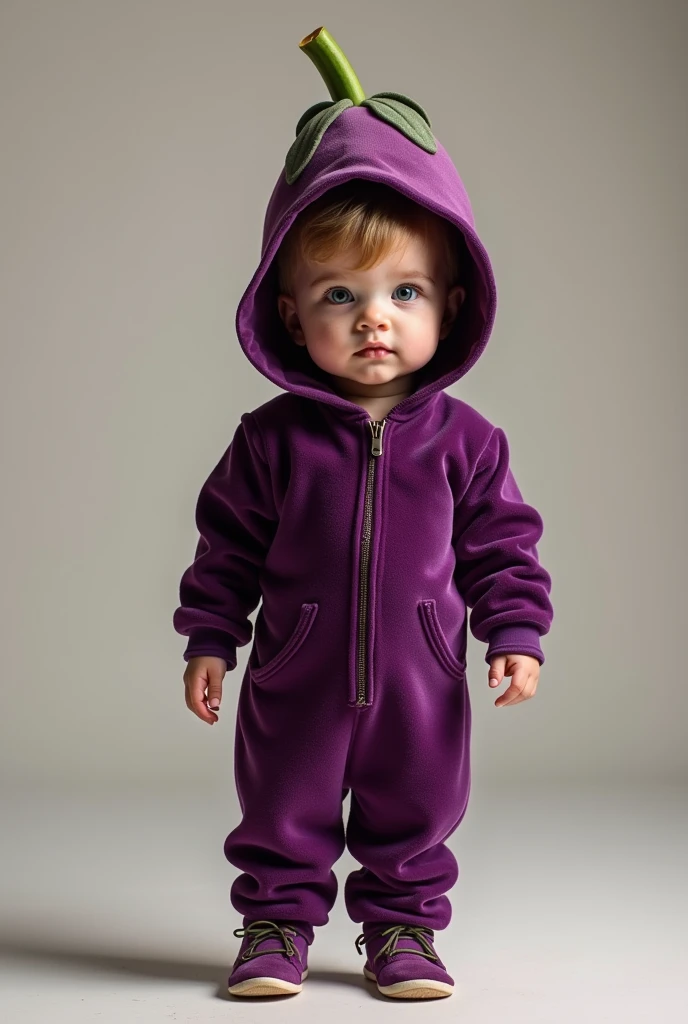 A kid wearing velvet material jumpsuit of vegetable eggplant,